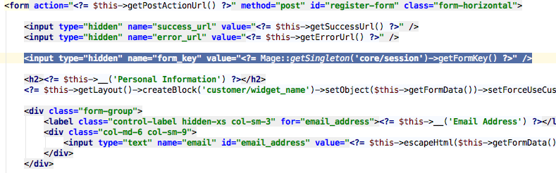 Lines of PHP and HTML code of a PHTML file including the CSRF token protection.