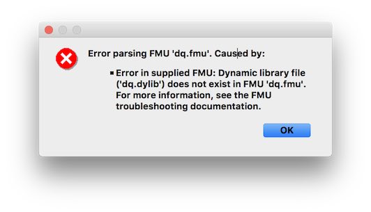 The FMU error dialog, shown by MATLAB
